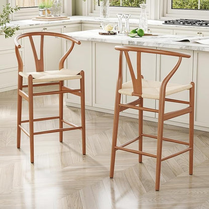 Modern Dining Chairs with Natural Weave Seat - Sturdy Construction Bar Stools for Kitchen Island, Versatile Use in Dining Room and Bedroom, Stylish Simple Design Comfortable Fully Assembled,Walnut-Rat