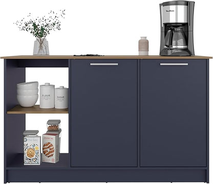 GOWE Kitchen Island 35.7" H, 2 Doors, 6 Shelves, Alby Blue/Natural Oak - Kitchen