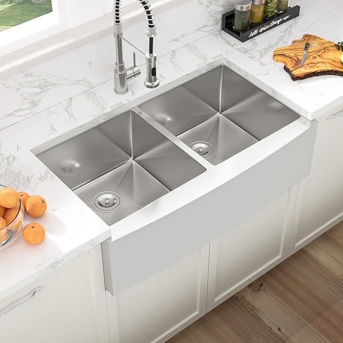 Sarlai 36 Farmhouse Kitchen Sink Stainless Steel Double Bowl - 36 Inch Farm Sink Apron Front Double Bowl 50/50 Stainless Steel 16 Gauge Farmer Kitchen Sinks Basin