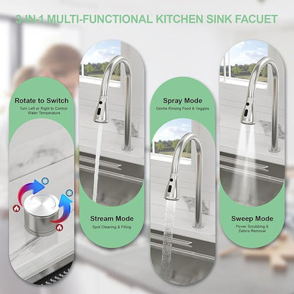 30 inch Undermount Kitchen Sink - Beslend 30x17x10 Waterfall Sink with Pull-Down Faucet 16 Gauge Stainless Steel, Double Track Workstation Kitchen Sinks with Faucet Combo, Handmade Dish Basin