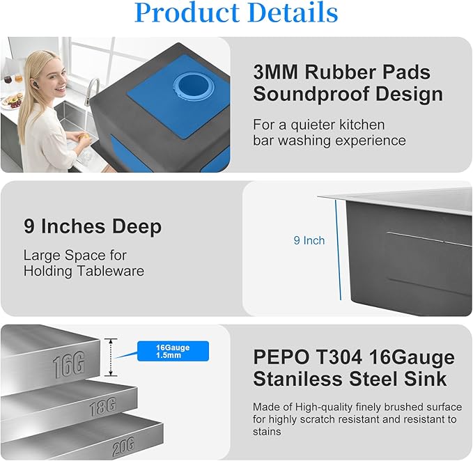 PEPO 18×18 Inch Undermount Kitchen Sink 16 Gauge Stainless Steel Bar Prep Sink Single Bowl with Drain Accessories for Small Kitchen, Wet Bar RV