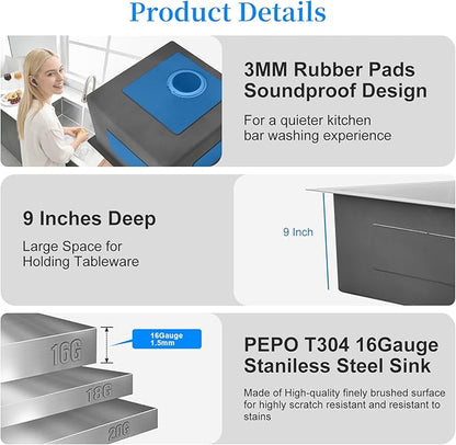 PEPO 18×18 Inch Undermount Kitchen Sink 16 Gauge Stainless Steel Bar Prep Sink Single Bowl with Drain Accessories for Small Kitchen, Wet Bar RV