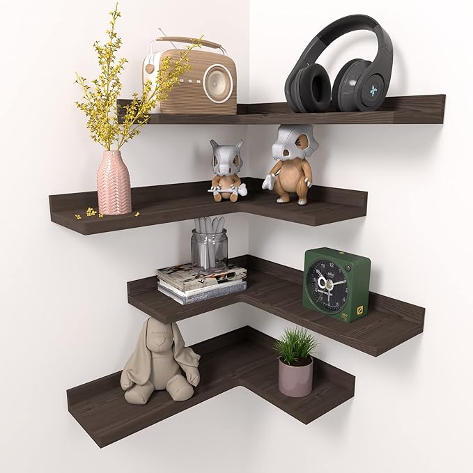 4 Tier Corner Floating Shelves Set of 4, Rustic Pine Corner Shelves for Wall Storage and Decor, L-Shaped Corner Wall Mounted Shelf for Bedroom, Living Room, Bathroom, Kitchen – Dark Brown