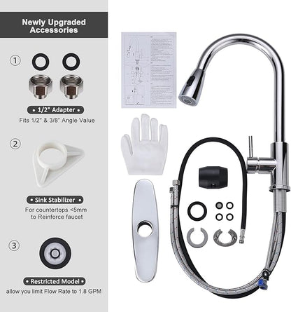 Chrome Kitchen Faucet with Sprayer, WOWOW Pull Down Kitchen Sink Faucet Stainless Steel Utility Sink Faucet with Deck Plate, Kitchen Tap for RV, Laundry, Bar