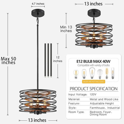 Bargeni Chandelier,13 Inch Dining Room Light Fixture,Matte Black Finish with Wood-Like Interior,Adjustable Height Farmhouse Chandelier for Kitchen Island,Bedroom,Living Room,Foyer