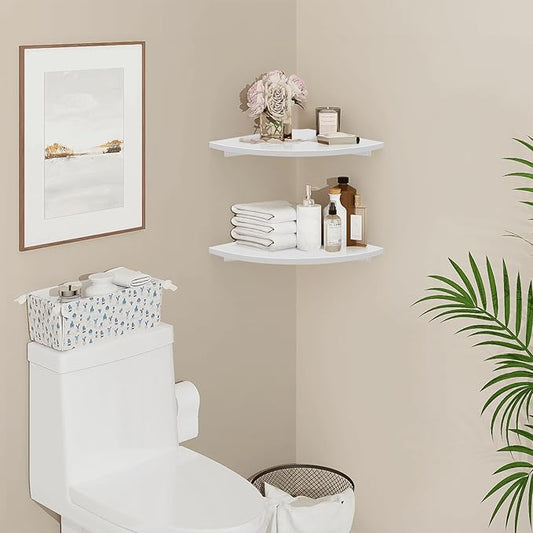 Homode Corner Wall Shelf, 12 in Wide Rounded Corner Shelf Floating, Set of 2 Wooden Hanging Corner Shelves with Wire Hole for Bathroom Living Room Office, White