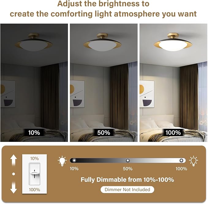 Dimmable Mid Century Modern Ceiling Light,5CCT LED Black and Gold Semi Flush Mount Ceiling Lighting, for Kitchen Bedroom Hallway Bathroom 2700K-6000K 15.75 in