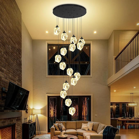 16-Lights Black Spiral Staircase Crystal Chandeliers 130 inch Long Chandelier High Foyer Ceiling Chandelier LED Dimmable 3000-6000K