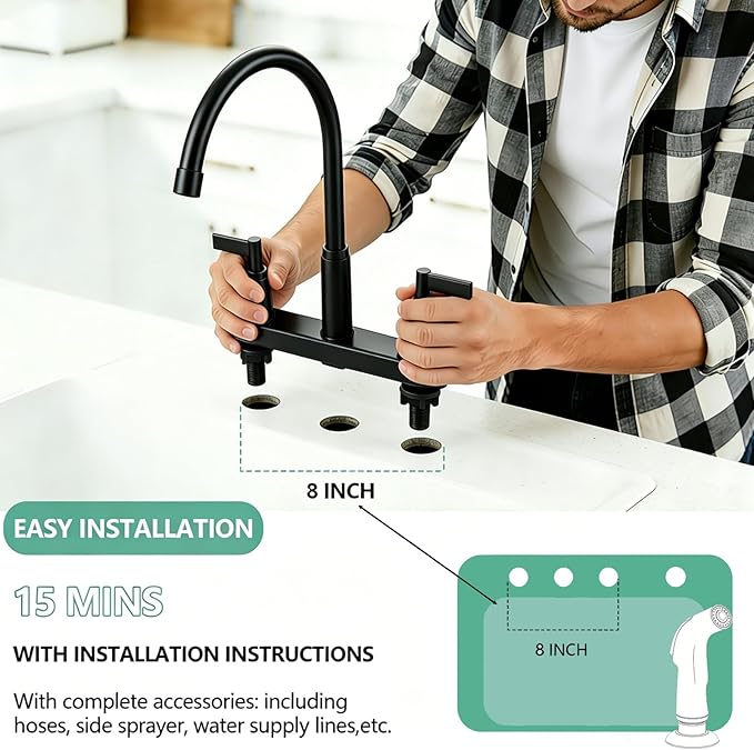 Modern 2 Handle Kitchen Sink Faucet with Side Sprayer, High Arc 360 Swivel Stainless Steel 3 or 4 Hole Kitchen Faucet for Rv Camper Laundry Utility Bar Sinks, Matte Black