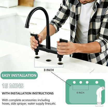 Modern 2 Handle Kitchen Sink Faucet with Side Sprayer, High Arc 360 Swivel Stainless Steel 3 or 4 Hole Kitchen Faucet for Rv Camper Laundry Utility Bar Sinks, Matte Black