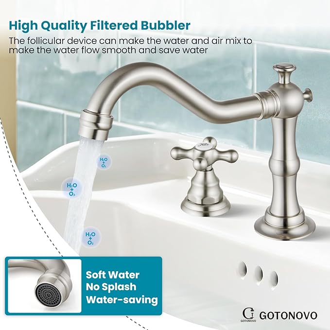 gotonovo Bathroom Faucet 3 Hole 8 Inch Widespread Bathroom Sink Faucet 2 Cross Handles Vintage Lavatory Vanity Mixer Tap with Pop Up Drain, Round Font Label, Brushed Nickel