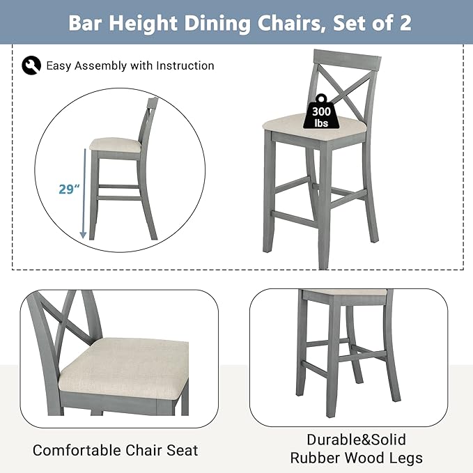 Farmhouse Rustic 3-Piece Counter Height Wood Kitchen Dining Sets, Home Bar Pub Kitchen Set, 48'' Long Bar Table with 2 Upholstery Chairs for Small Places