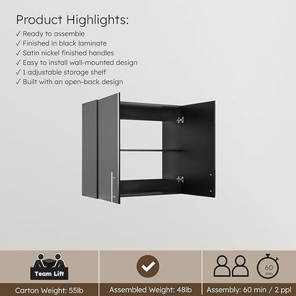 Prepac Elite 32" Wall Cabinet, Black Storage Cabinet with 1 Adjustable Shelf for Kitchen, Bathroom, 12" D x 32" W x 30" H, BEW-3230