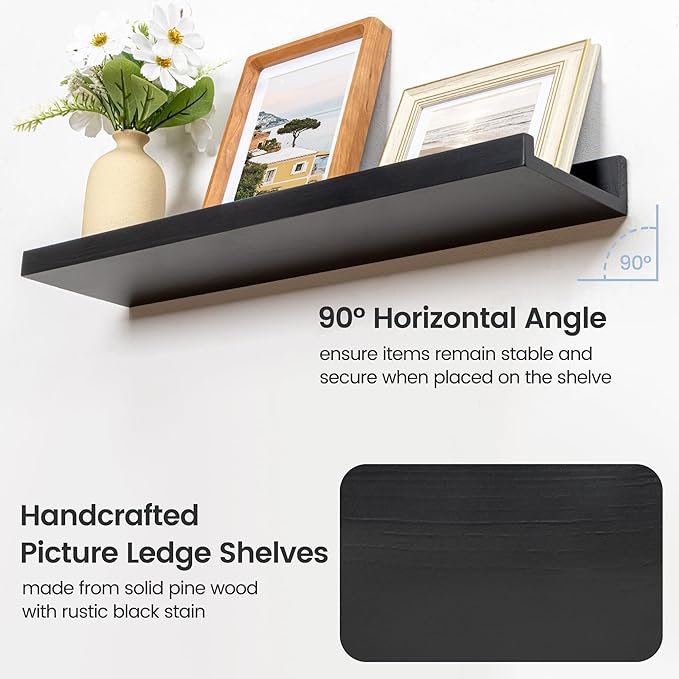 FLYJOE Picture Ledge Wall Shelves 48 inches Width Set of 3, Solid Pine Wood Rustic Floating Ledge Shelves for Wall for Kids' Room Bedroom Kitchen Bathroom Long Floating Shelves for Wall Decor, Black