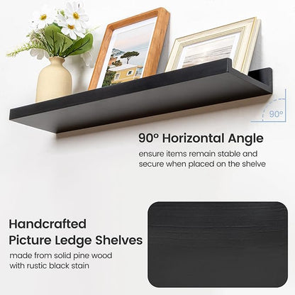 FLYJOE Picture Ledge Wall Shelves 56 Inches Width Set of 3, Solid Pine Wood Rustic Floating Ledge for Kids' Room Bedroom Kitchen Bathroom, Long Floating Shelves for Wall Decor, Black