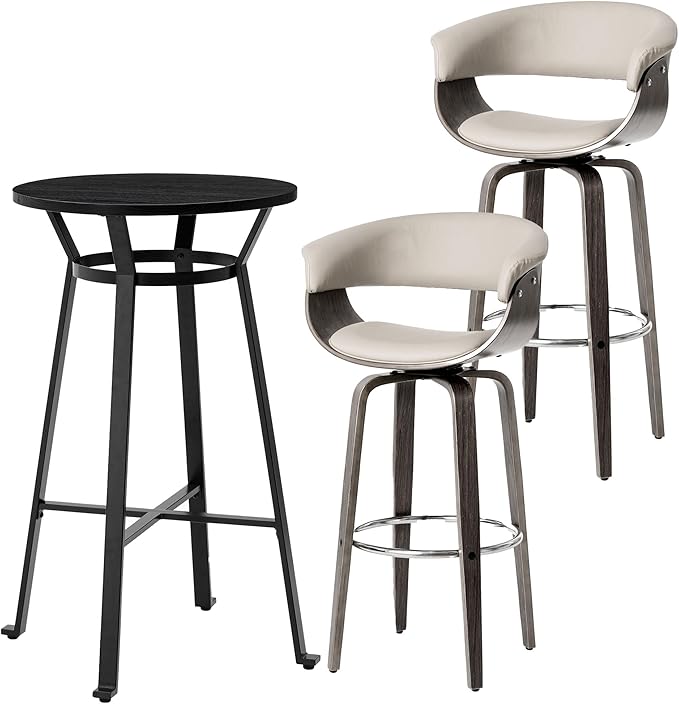 Glitzhome Bar Table and Chairs, Gray PU Leather Adjustable Swivel Bar Stools Set of 2, Round Black Cocktail Pub Table for Kitchen Island Bistro Office Living Room Dining Room Small Space Restaurant