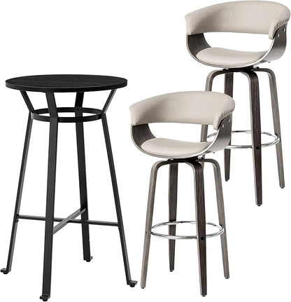 Glitzhome Bar Table and Chairs, Gray PU Leather Adjustable Swivel Bar Stools Set of 2, Round Black Cocktail Pub Table for Kitchen Island Bistro Office Living Room Dining Room Small Space Restaurant
