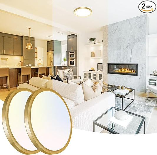 Peasur 7 Inch LED Ceiling Light Gold, 15W Slim Flush Mount Ceiling Light 3000K/4000K/6500K Adjustable, Modern Round Ceiling Lighting for Bedroom, Living Room, Kitchen (2-Pack)