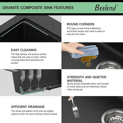 30 Granite Composite Kitchen Sink - Beslend 30x22 Drop In Black Kitchen Sink with High Pressure Glass Rinser, Granite Composite Worksation Black Sinks Easy Clean Quartz Basin for Kitchen Remodel