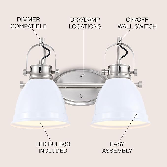 JONATHAN Y 16.25" White/Nickel 2-Light LED Vanity Light, Adjustable Wall Sconce for Bathroom Mirror, Farmhouse Bohemian Kitchen Light, Iron Black Bell Shade (JYL1115B)