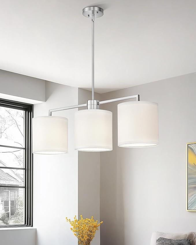 Emak 3-Light Dining Room Light Fixture, Brushed Nickel Kitchen Island Lighting with Linen Drum Shade, Modern Linear Chandeliers for Dining Room, Kitchen, Bar, IL128-BN-WF-3