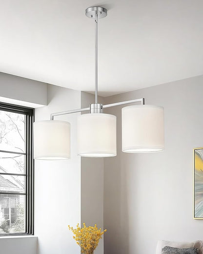 Emak 3-Light Dining Room Light Fixture, Brushed Nickel Kitchen Island Lighting with Linen Drum Shade, Modern Linear Chandeliers for Dining Room, Kitchen, Bar, IL128-BN-WF-3