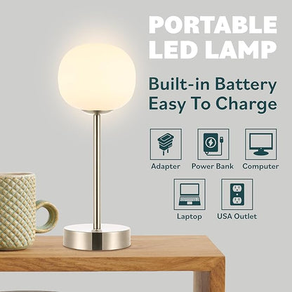 JONATHAN Y 12.25" Nickel Rechargeable Table Lamp, Modern Cordless LED Nightstand Lamp, White Glass Shade, Dimmable Portable Desk Lamp for Bedroom Living Room Dining JYL7108A
