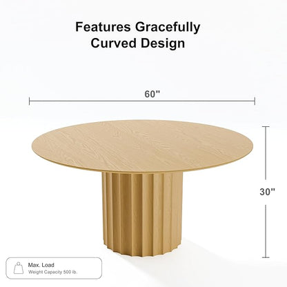 Casaphoria 60" Round Dining Table, Modern Wood Kitchen Table with Cylindrical Wide Bar Concave Base for Living Room & Dining Room, Easy Assembly Farmhouse Furniture for 4-6, Oak