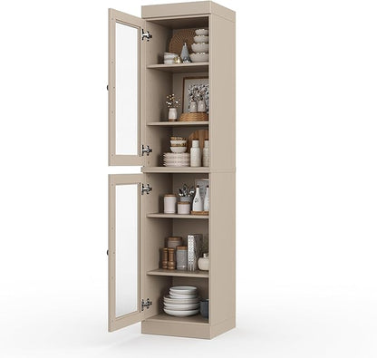 Palace Imports Solid Wood Kitchen Pantry Cabinet w/Glass Doors - Narrow Storage Cabinet - 16.5" Wide x 71.5" Tall - Beige, Adjustable Shelves, 100% Eco-Friendly Wood, Modular Cabinets