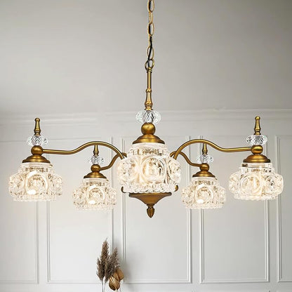 Montex Brass Pendant Light Fixture, Gold Vintage Chandelier Light Fixture 5 Lights, Include 6 Light Bulbs Glass Pendant Light Crystal Hanging Light