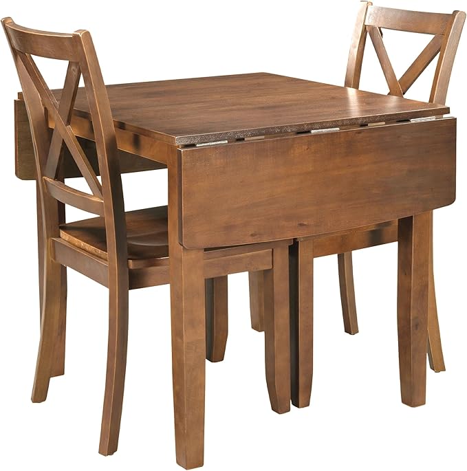 3-Piece Farmhouse Dining Table Set, Wood Drop Leaf Breakfast Nook Dining Table Set with 2 X-Back Chairs for Small Places (Brown+Drop Leaf*)