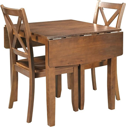3-Piece Farmhouse Dining Table Set, Wood Drop Leaf Breakfast Nook Dining Table Set with 2 X-Back Chairs for Small Places (Brown+Drop Leaf*)