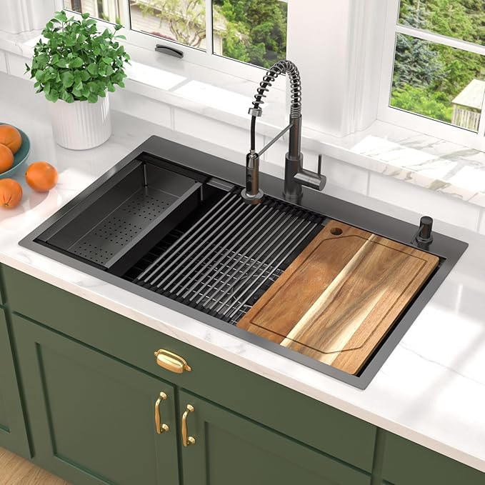 36 Inch Drop In Kitchen Sink with Faucet Combo - 36x22 Workstation All-In One Drop In Gunmetal Black NANO-PVD 16 Gauge Stainless Steel Kitchen Sink Topmount Single Bowl Large Sinks #TLT-0025