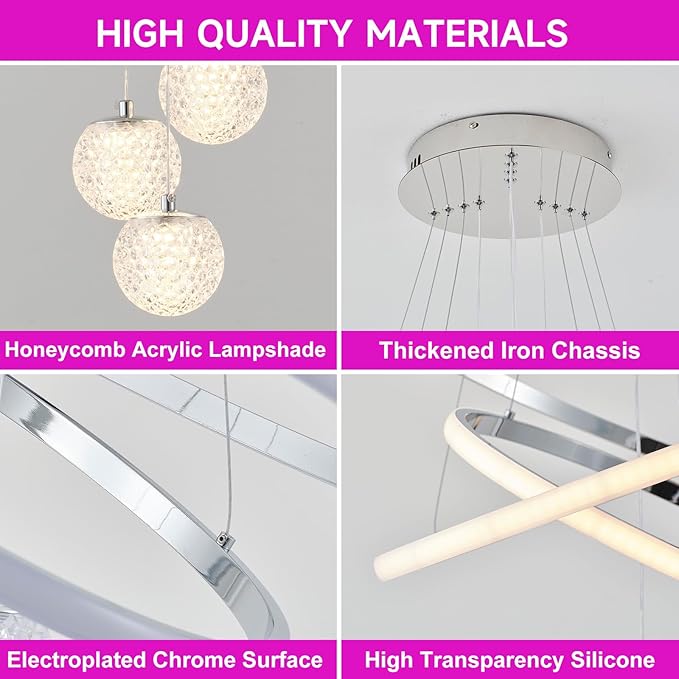 ORANOOR LED Modern 3 Ring Chandeliers for Dining Room, 24in Dimmable Kitchen Pendant Lamp, Silver Dining Room Light Fixtures Ceiling Hanging Over Table, Globe Round Chandeliers for Living Room, Chrome