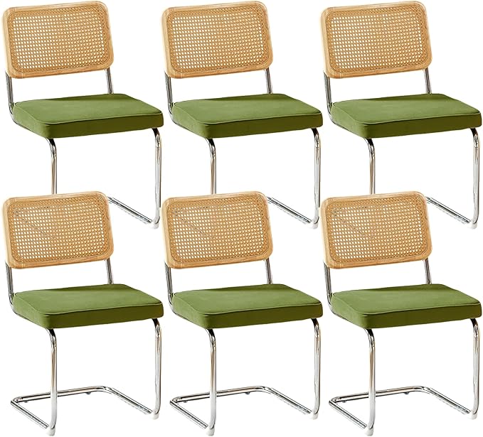 Rattan Back Velvet Dining Chair Set of 6 Modern Breuer Designed Stainless Chrome Base Armless Upholstered Dining Chair for Dining Room, Kitchen Island(Olive Green)