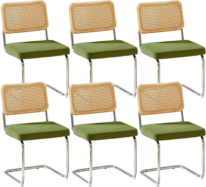 Rattan Back Velvet Dining Chair Set of 6 Modern Breuer Designed Stainless Chrome Base Armless Upholstered Dining Chair for Dining Room, Kitchen Island(Olive Green)