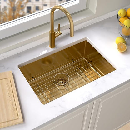 Gold Kitchen Sink 27x18 Inch Undermount Kitchen Sink 16 Gauge Stainless Steel Single Bowl with Accessories Round Corners Handmade