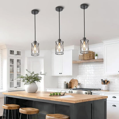 Refice Glass Pendant Lights Kitchen Island, Black Kitchen Hanging Light with Clear Glass, Farmhouse Cage Mini Pendant Lighting for Sink Dining Room Bedroom Bar, 3 Pack
