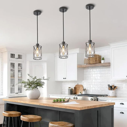 Refice Glass Pendant Lights Kitchen Island, Black Kitchen Hanging Light with Clear Glass, Farmhouse Cage Mini Pendant Lighting for Sink Dining Room Bedroom Bar, 2 Pack