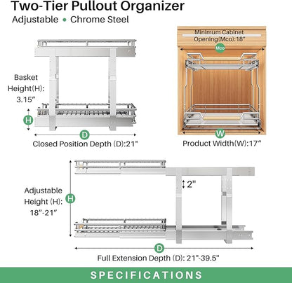 Pull out Cabinet Organizer, 2 Tiers 17"W X 21"D, Heavy Duty Smooth Sliding Under Cabinet Shelves for Pots and Pans, Full-Extension Roll out Drawers, Slide out Organization for Home Kitchen Pantry