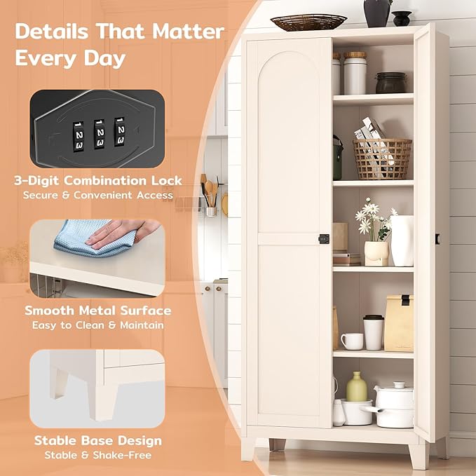 Zevemomo 70.87" Tall Metal Storage Cabinet with 3-Digit Combination Lock, Steel Pantry Cabinet with 4 Adjustable Shelves & 2 Doors, Secure Freestanding Organizer for Home, Office, Garage, Beige