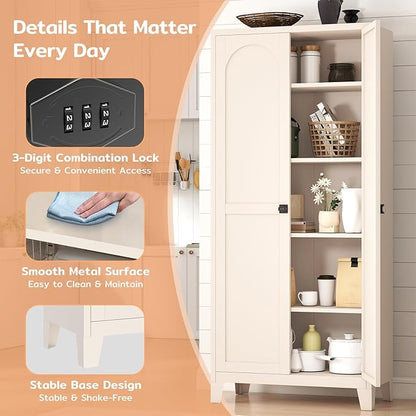 Zevemomo 70.87" Tall Metal Storage Cabinet with 3-Digit Combination Lock, Steel Pantry Cabinet with 4 Adjustable Shelves & 2 Doors, Secure Freestanding Organizer for Home, Office, Garage, Beige