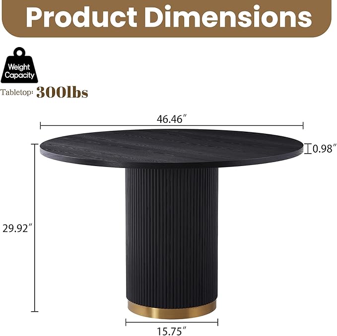 Farmhouse Round Dining Table for 6, 46.46" Luxury One-Piece Solid Wood Dining Table with Gold Stainless Steel Roman Column Pedestal Base, Mid-Century Modern Round Kitchen Table, Black