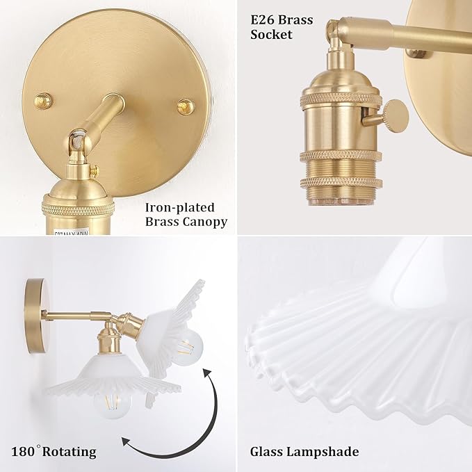 Shenmoyl Vintage Wall Sconces with White Lotus Glass Lampshade 180 Degree Adjustable Brass Sconces Hradwired Modern Wall Lighting Fixture with Switch for Bedside Bedroom Doorway