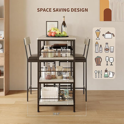3-Piece Modern Dining Set, Dining Table Set with 2 Upholstered Bar Stools,Bar Table Set w/ Metal Frame&Built-in Wine Rack for Kitchen Dining Room Apartment Breakfast Nook 36"L x 16.7"W x 37.2"H Gray