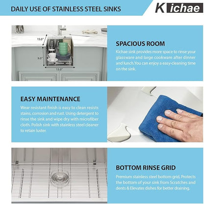 Kichae 13"x 15" Undermount Bar Sink Stainless Steel Single Bowl RV Outdoor Sink Basin Round Corner 16 Gauge Handmade