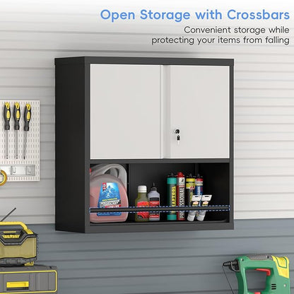 Locking Cabinet, Black Wall Storage Cabinet with Shelves, Hanging Cabinets with Open Storage, Small Wall Cabinet, Lockable Tool Cabinet for Basement, School, Office