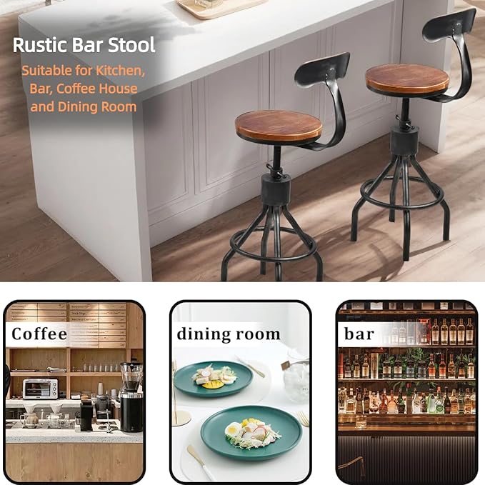 Industrial Pipe Design Bar Table 41.3inch Height and Set of 4 Rustic Bar Stools with Backrest 23-33" Height Adjustable Vintage Pub Bistro Table Set for Kitchen Dining Cafe House Office Meeting