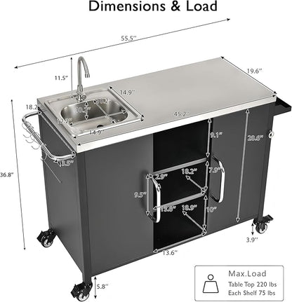 JIJIWANG 55.5" Outdoor Kitchen Island with Stainless Steel Sink, Outdoor Bar Cart Sink Station with 4 Lockable Wheel for Pizza Prep & BBQ Black