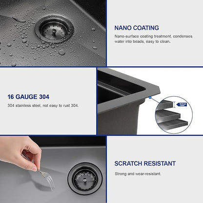 Dcolora 13"x15 Black Small Bar Sink, Heavy Duty 16 Gauge 304 Stainless Steel, with Cover Board for Saving Space, Udnermount Installation Fit for Small Kitchen,Bar, RV, #DC-U2533004BW